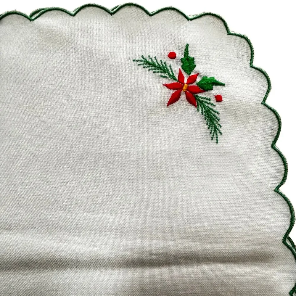 Vintage Christmas Set 4 placemat & napkins red embroidery poinsettias & greenery
